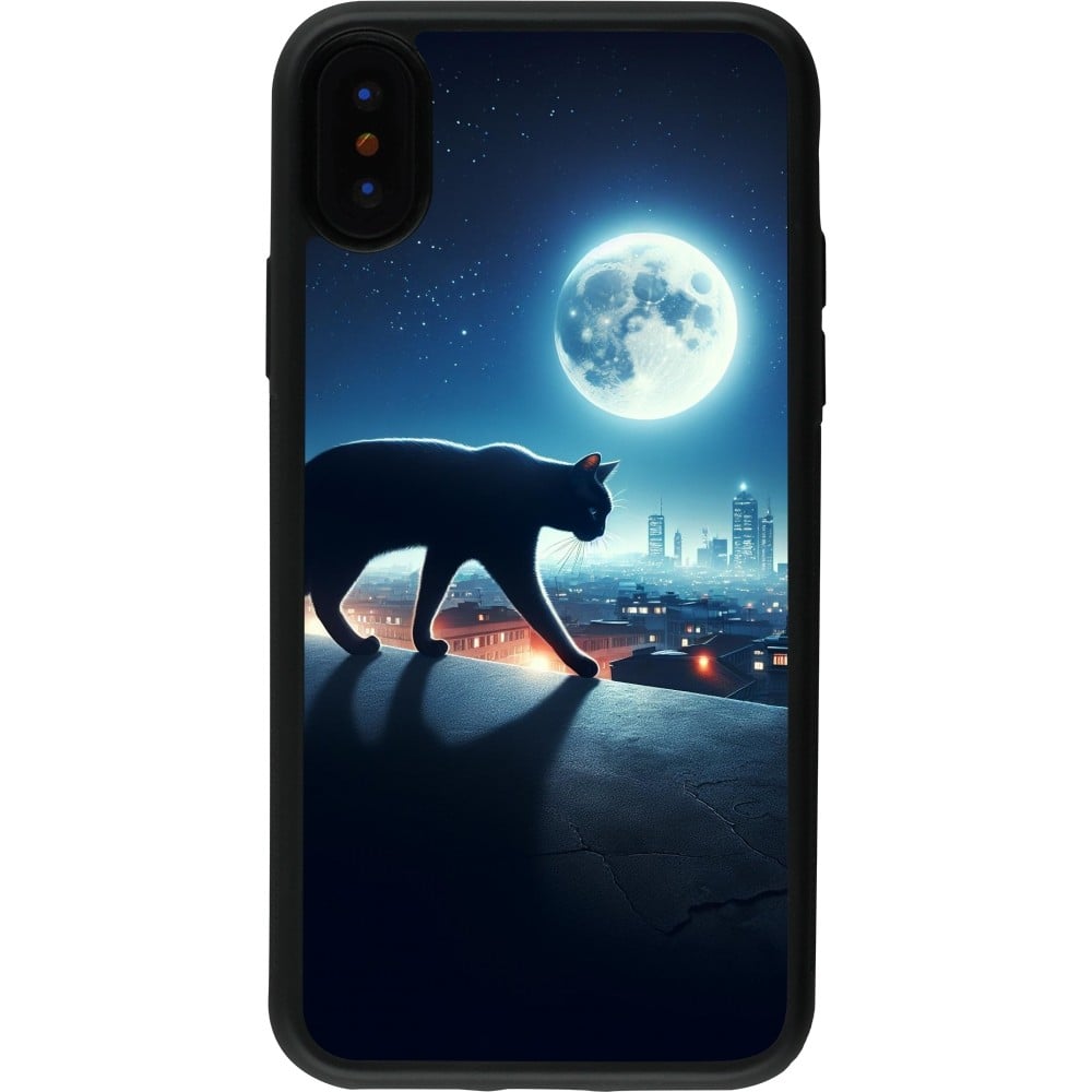 Coque iPhone X / Xs - Silicone rigide noir Chat noir sous la pleine lune