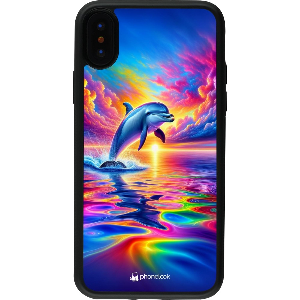 Coque iPhone X / Xs - Silicone rigide noir Dauphin arc-en-ciel heureux