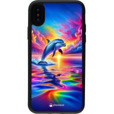 Coque iPhone X / Xs - Silicone rigide noir Dauphin arc-en-ciel heureux