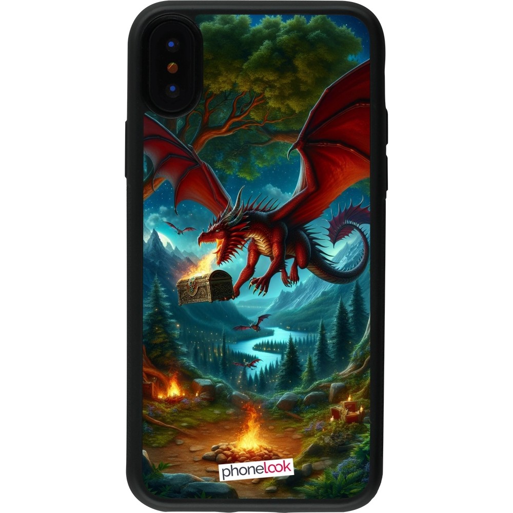 Coque iPhone X / Xs - Silicone rigide noir Dragon Volant Forêt Trésor