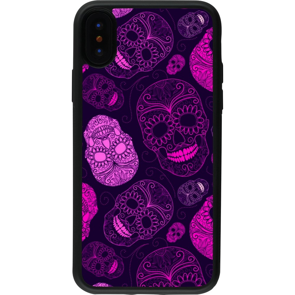 Coque iPhone X / Xs - Silicone rigide noir Halloween 2023 pink skulls