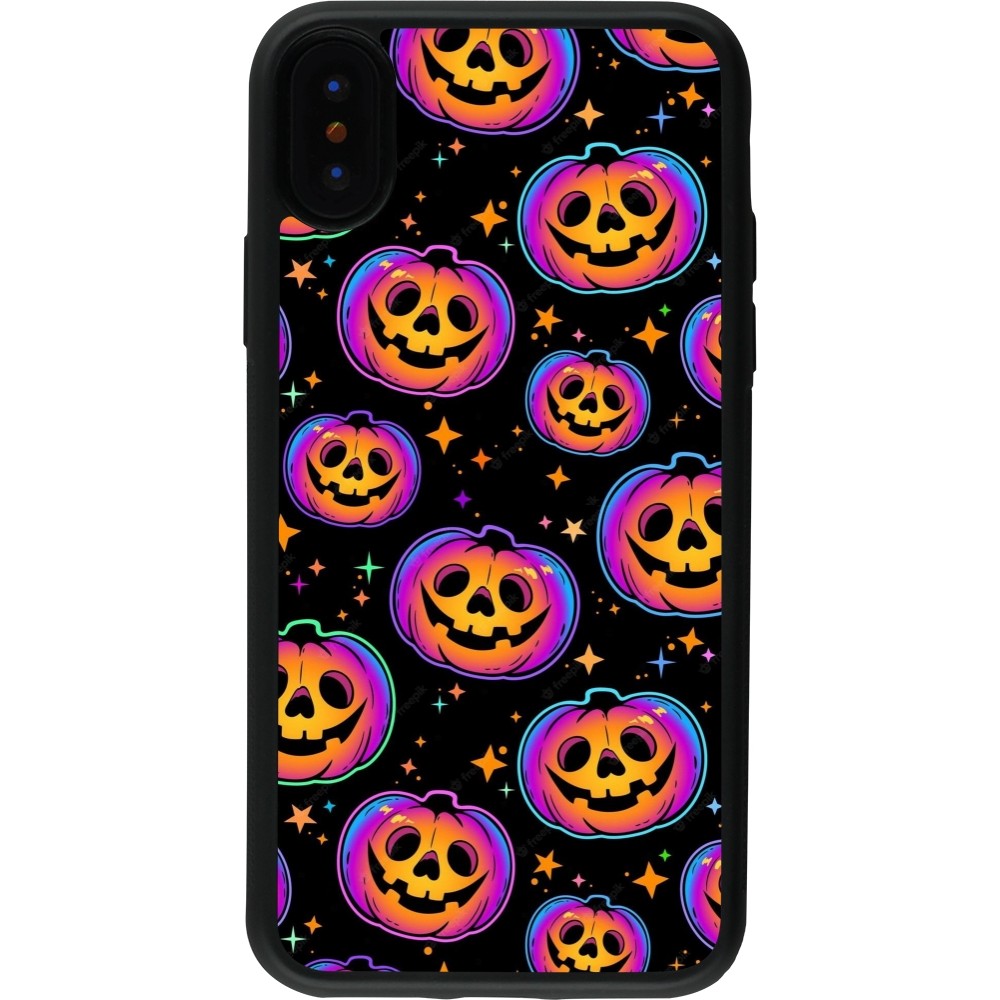 Coque iPhone X / Xs - Silicone rigide noir Halloween 2024 rainbow pumpkins