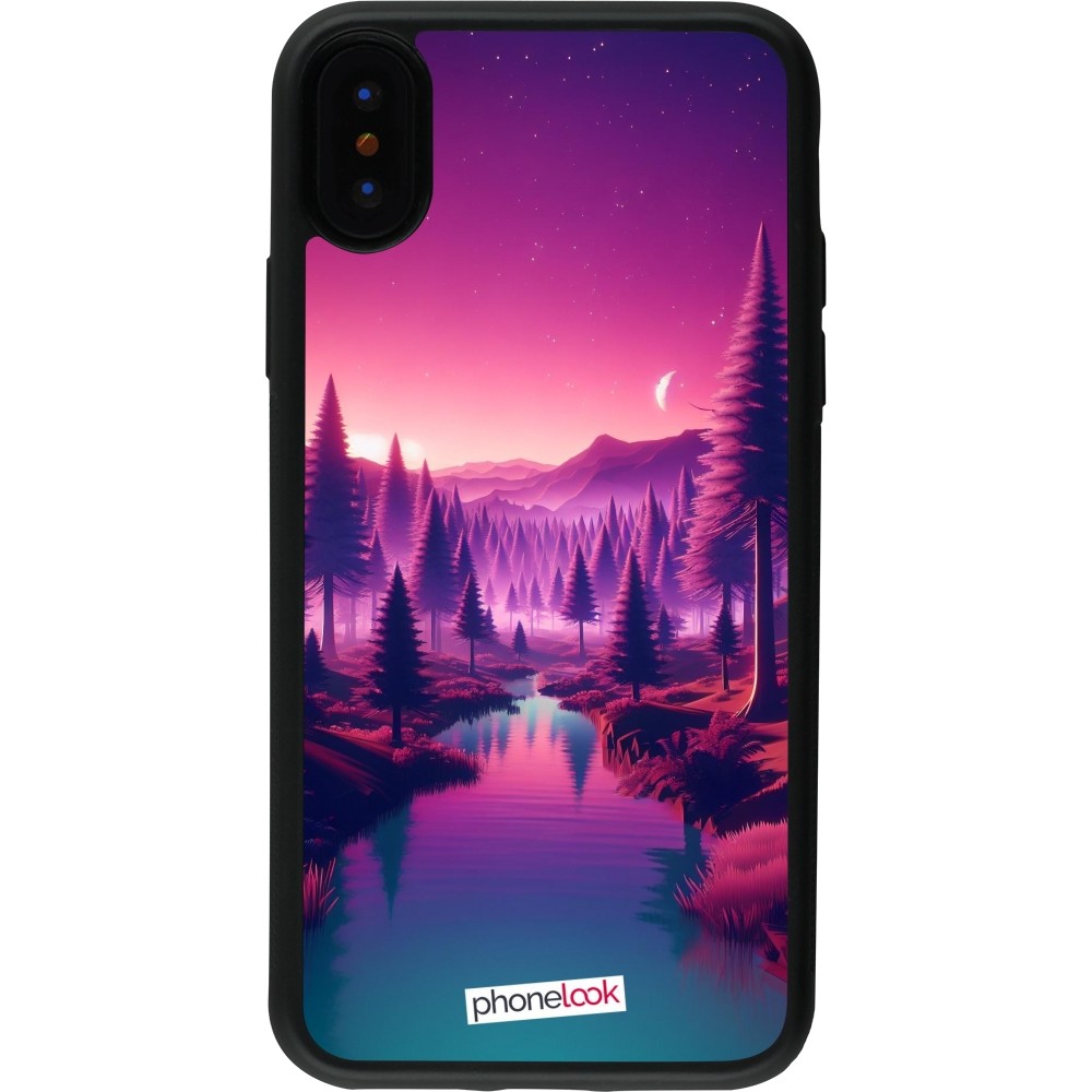 Coque iPhone X / Xs - Silicone rigide noir Paysage Violet-Rose