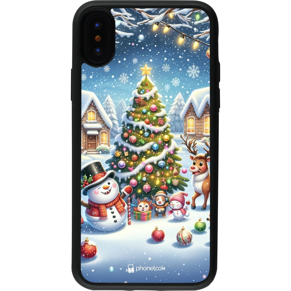 Coque iPhone X / Xs - Silicone rigide noir Noël 2023 bonhomme de neige et sapin