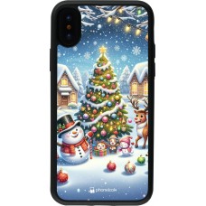 Coque iPhone X / Xs - Silicone rigide noir Noël 2023 bonhomme de neige et sapin