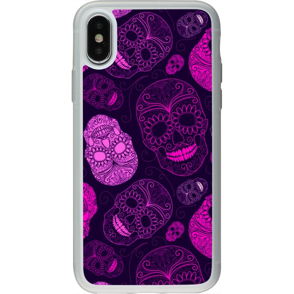 Coque iPhone X / Xs - Silicone rigide transparent Halloween 2023 pink skulls