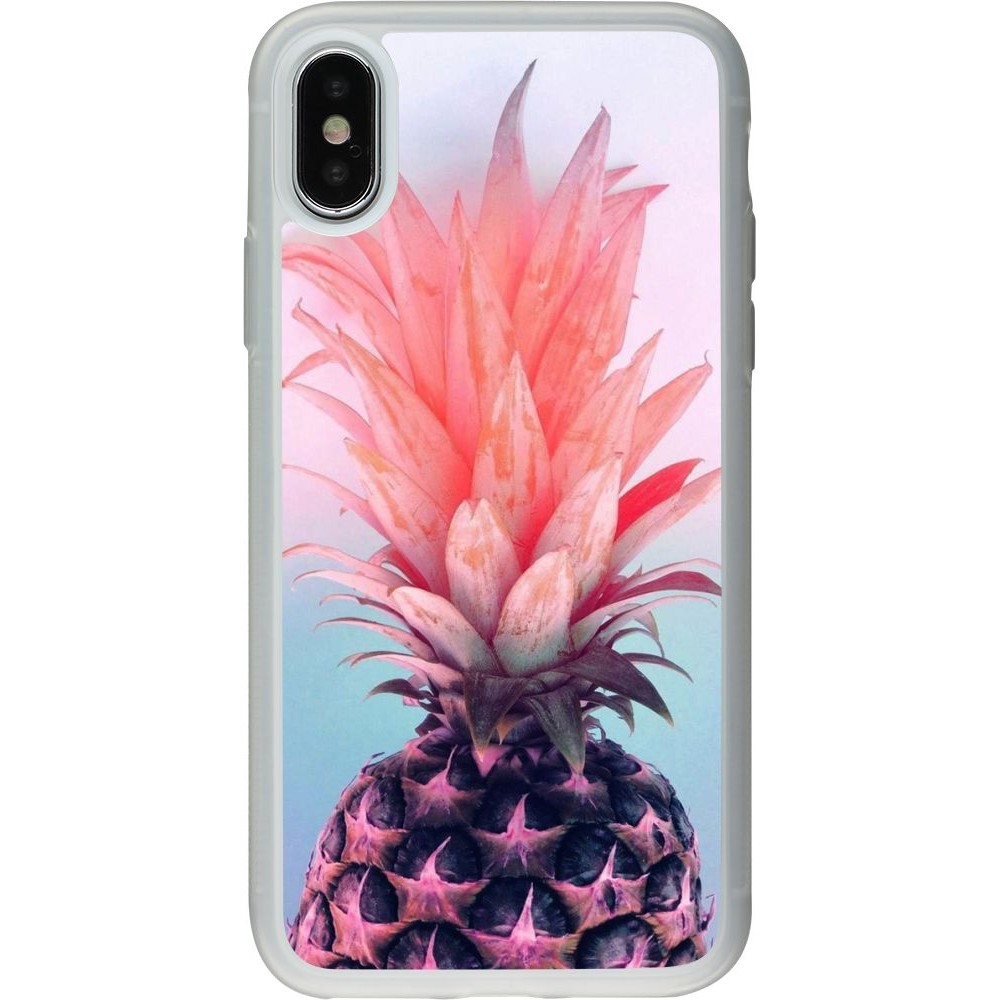 Coque iPhone X / Xs - Silicone rigide transparent Purple Pink Pineapple