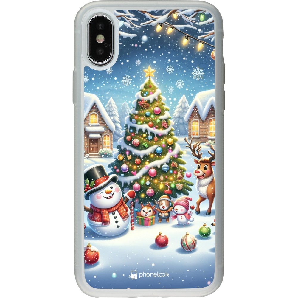 Coque iPhone X / Xs - Silicone rigide transparent Noël 2023 bonhomme de neige et sapin