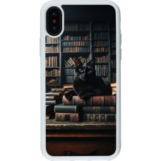 Coque iPhone X / Xs - Silicone rigide blanc Chat livres sombres