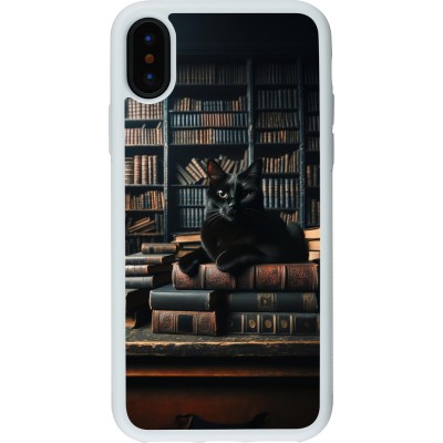 Coque iPhone X / Xs - Silicone rigide blanc Chat livres sombres