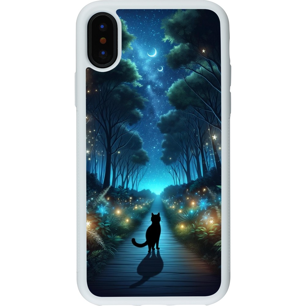 Coque iPhone X / Xs - Silicone rigide blanc Chat noir promenade