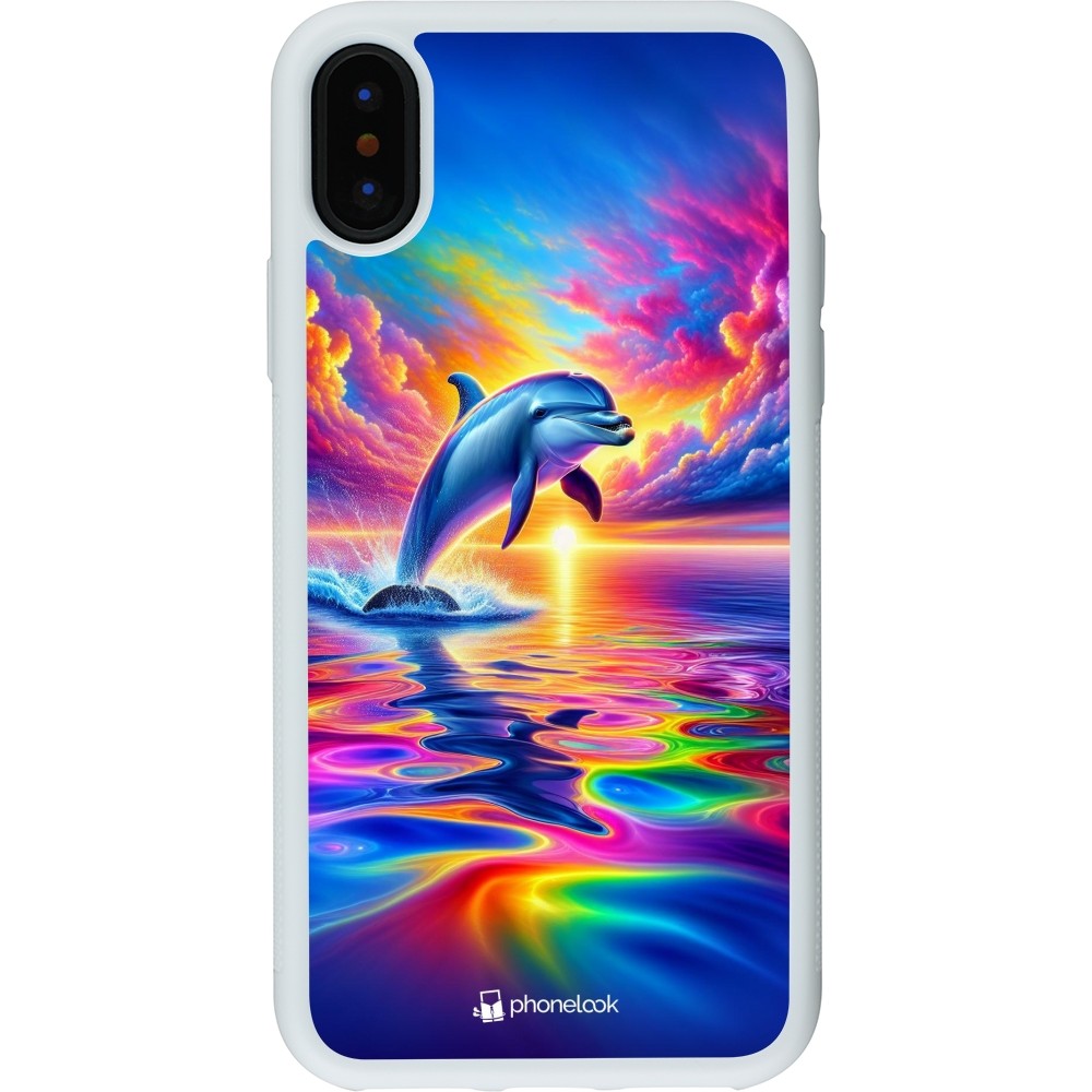 Coque iPhone X / Xs - Silicone rigide blanc Dauphin arc-en-ciel heureux