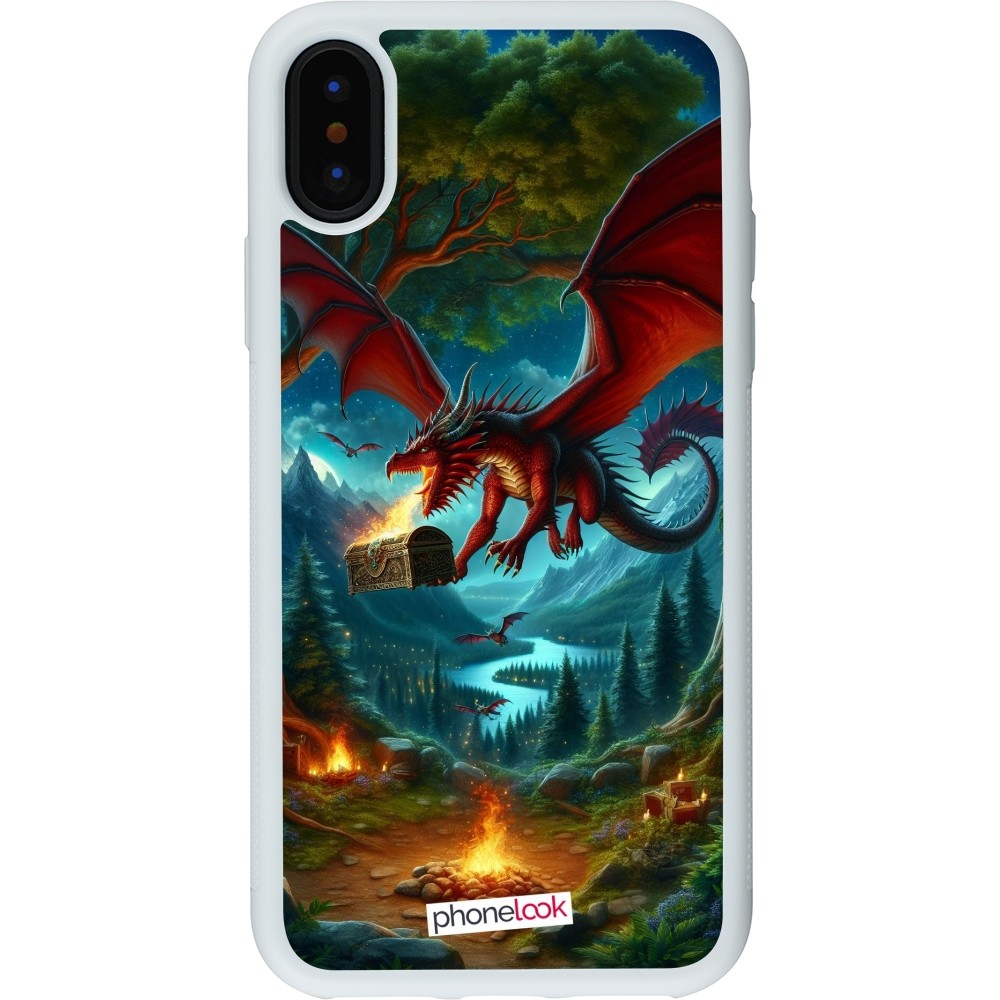 Coque iPhone X / Xs - Silicone rigide blanc Dragon Volant Forêt Trésor