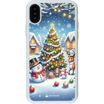 Coque iPhone X / Xs - Silicone rigide blanc Noël 2023 bonhomme de neige et sapin