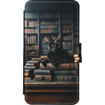 Coque iPhone X / Xs - Wallet noir Chat livres sombres