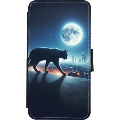 Coque iPhone X / Xs - Wallet noir Chat noir sous la pleine lune