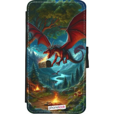 Coque iPhone X / Xs - Wallet noir Dragon Volant Forêt Trésor