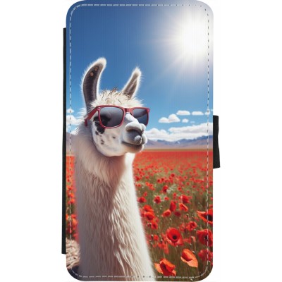 Coque iPhone X / Xs - Wallet noir Lama Chic en Coquelicot