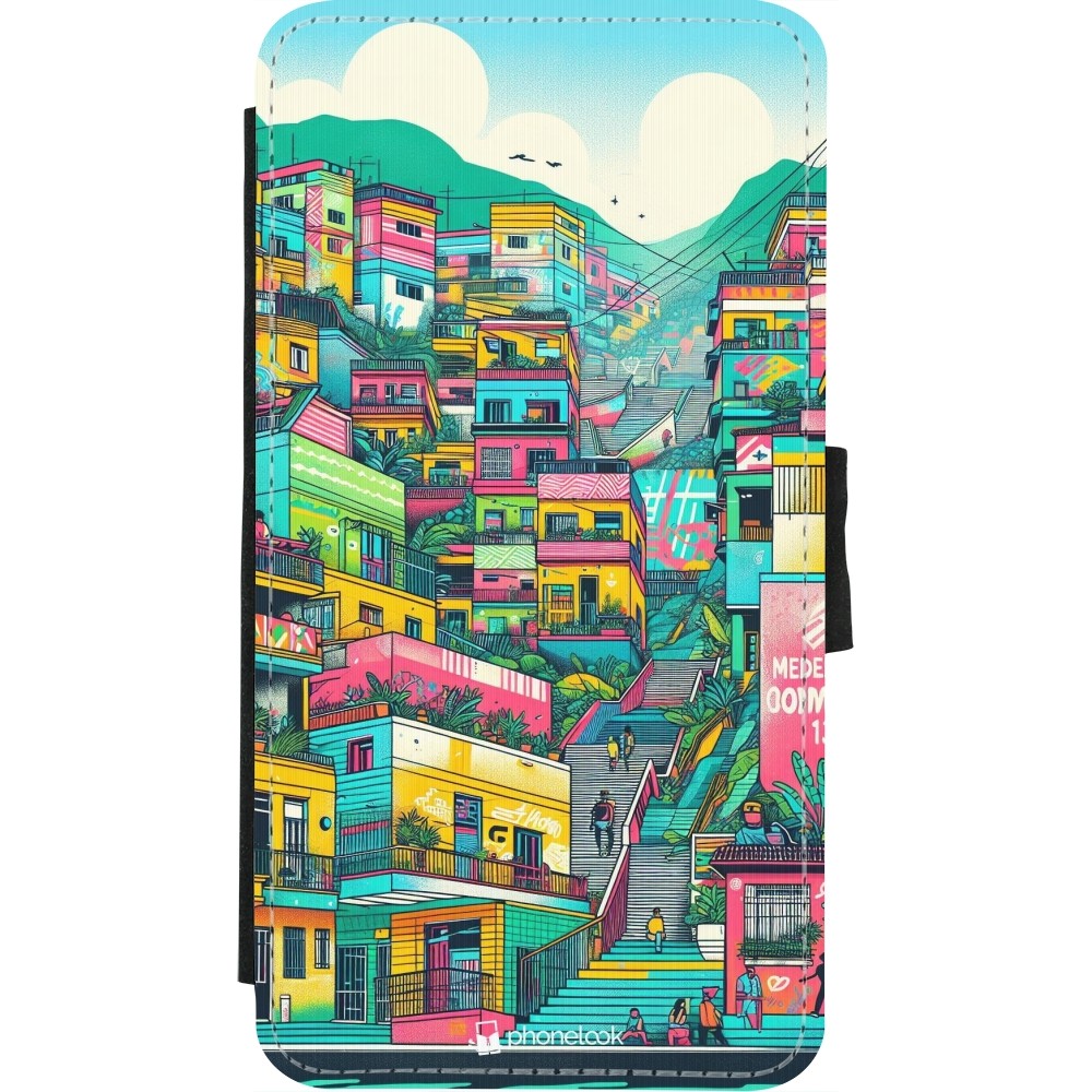 Coque iPhone X / Xs - Wallet noir Medellin Comuna 13 Art