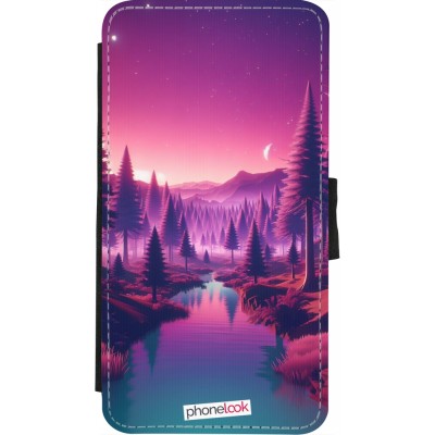 Coque iPhone X / Xs - Wallet noir Paysage Violet-Rose