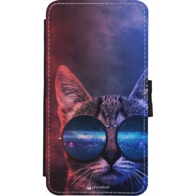 Coque iPhone X / Xs - Wallet noir Red Blue Cat Glasses