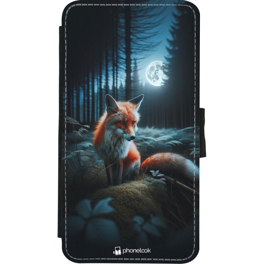 Coque iPhone X / Xs - Wallet noir Renard lune forêt