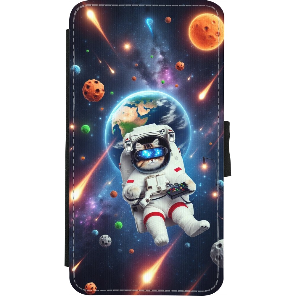 Coque iPhone X / Xs - Wallet noir VR SpaceCat Odyssey