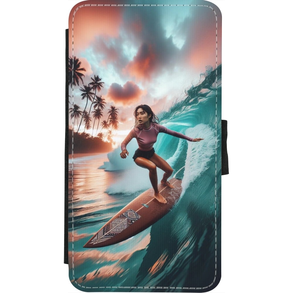 Coque iPhone X / Xs - Wallet noir Surfeuse Balinaise