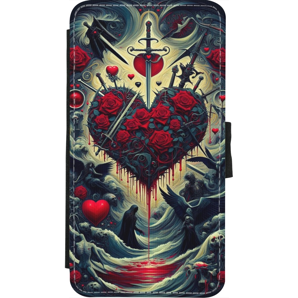 Coque iPhone X / Xs - Wallet noir Dark Love Coeur Sang