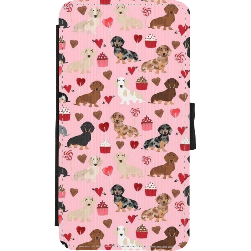 Coque iPhone X / Xs - Wallet noir Valentine 2024 puppy love