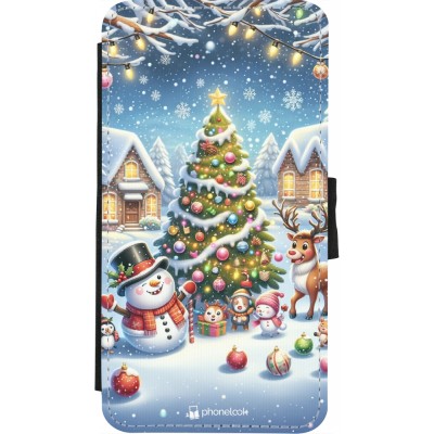 Coque iPhone X / Xs - Wallet noir Noël 2023 bonhomme de neige et sapin