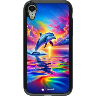 Coque iPhone XR - Hybrid Armor noir Dauphin arc-en-ciel heureux