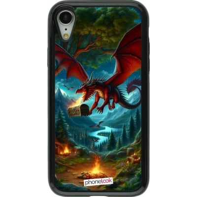 Coque iPhone XR - Hybrid Armor noir Dragon Volant Forêt Trésor