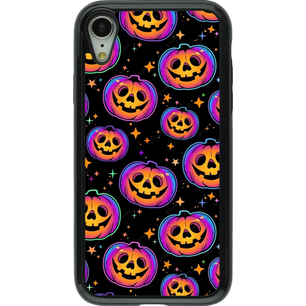 Coque iPhone XR - Hybrid Armor noir Halloween 2024 rainbow pumpkins