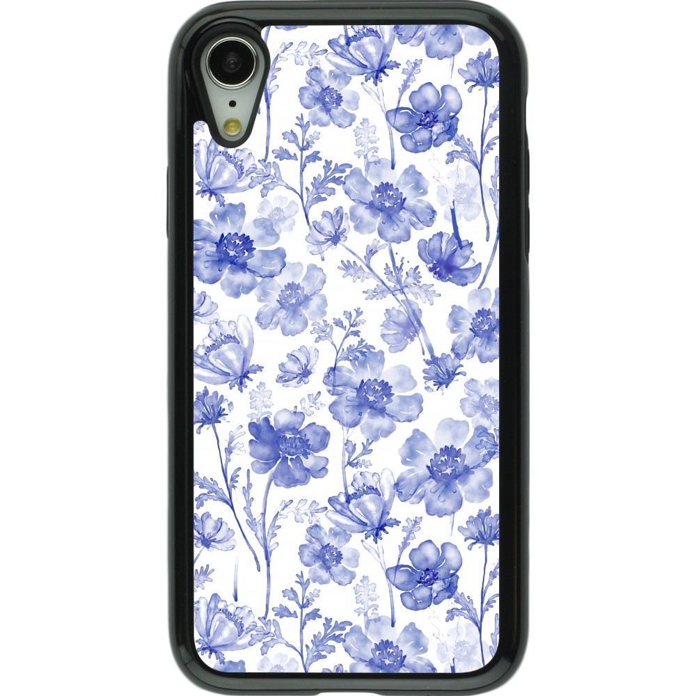 Coque iPhone XR - Hybrid Armor noir Spring 23 watercolor blue flowers