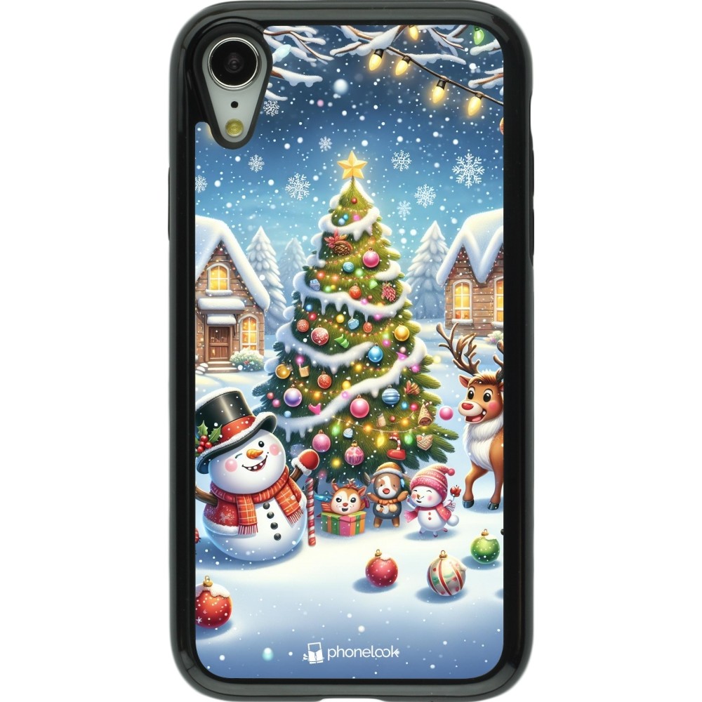 Coque iPhone XR - Hybrid Armor noir Noël 2023 bonhomme de neige et sapin