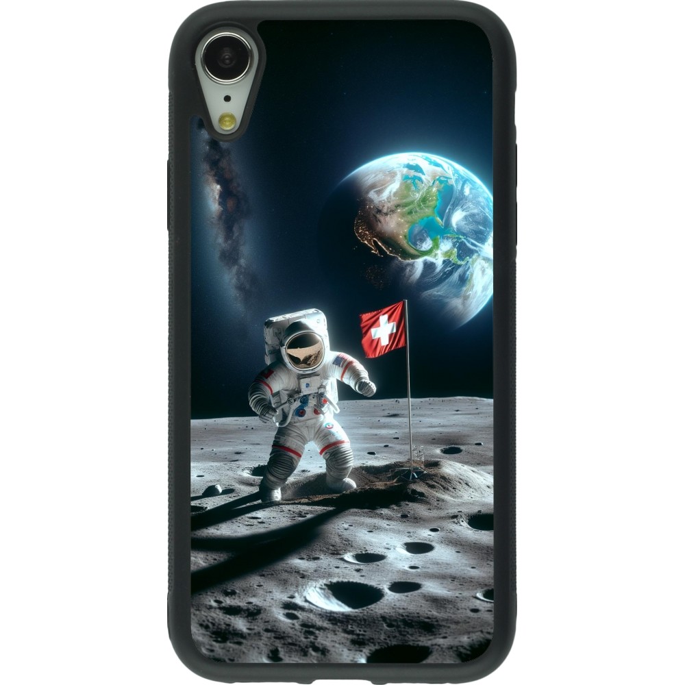 Coque iPhone XR - Silicone rigide noir Astro Suisse sur lune