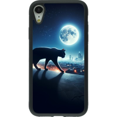 Coque iPhone XR - Silicone rigide noir Chat noir sous la pleine lune