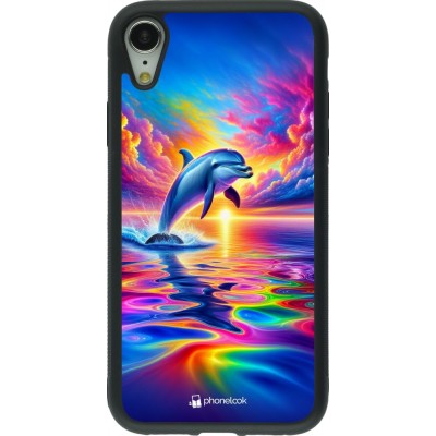 Coque iPhone XR - Silicone rigide noir Dauphin arc-en-ciel heureux