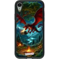 Coque iPhone XR - Silicone rigide noir Dragon Volant Forêt Trésor