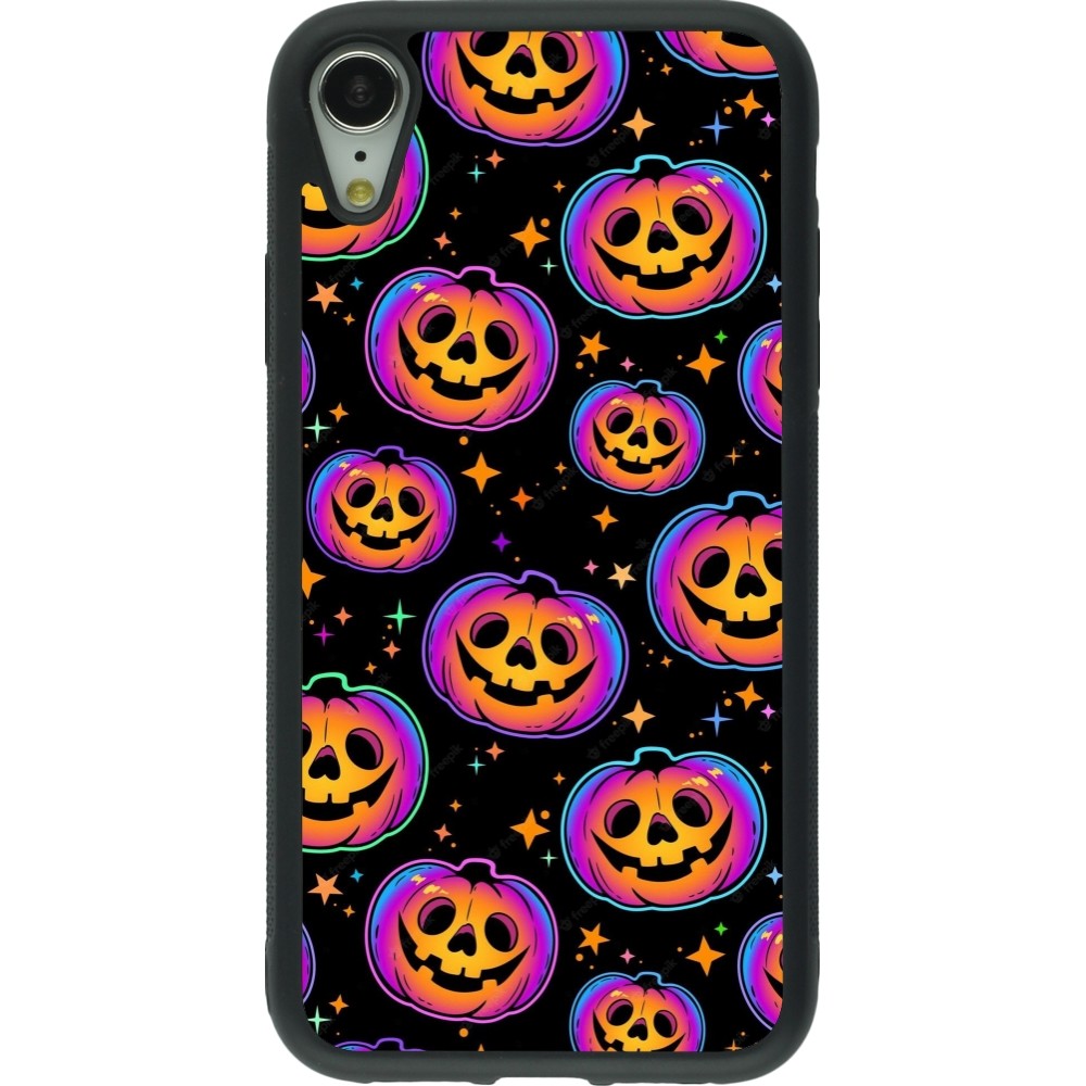 Coque iPhone XR - Silicone rigide noir Halloween 2024 rainbow pumpkins