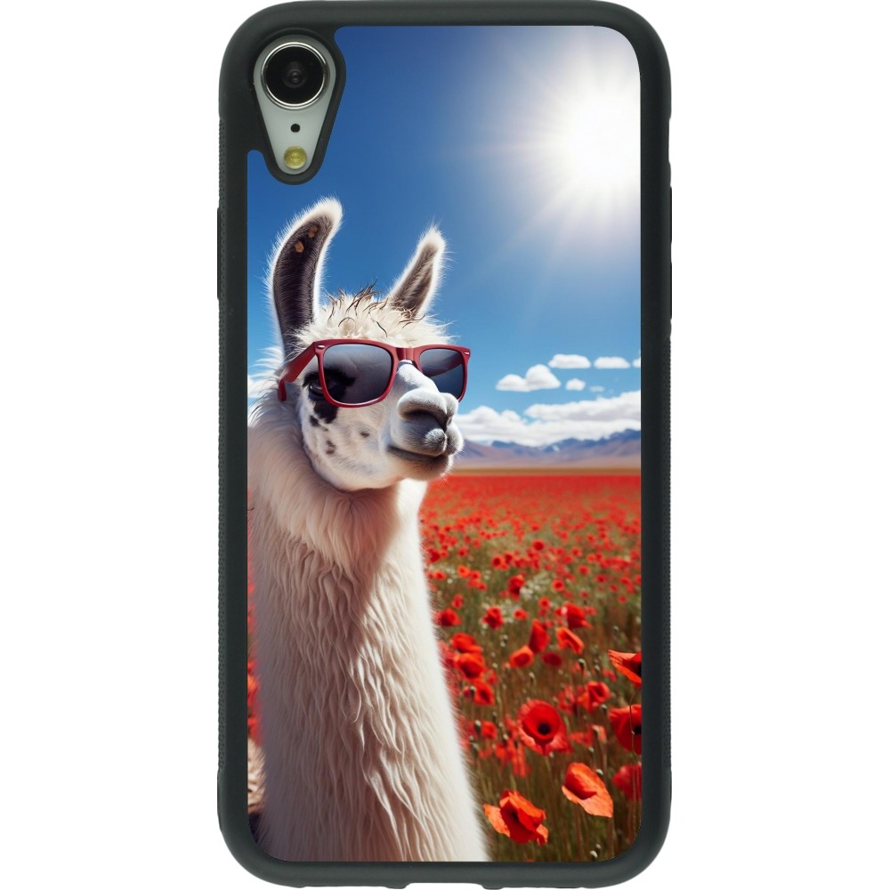 Coque iPhone XR - Silicone rigide noir Lama Chic en Coquelicot