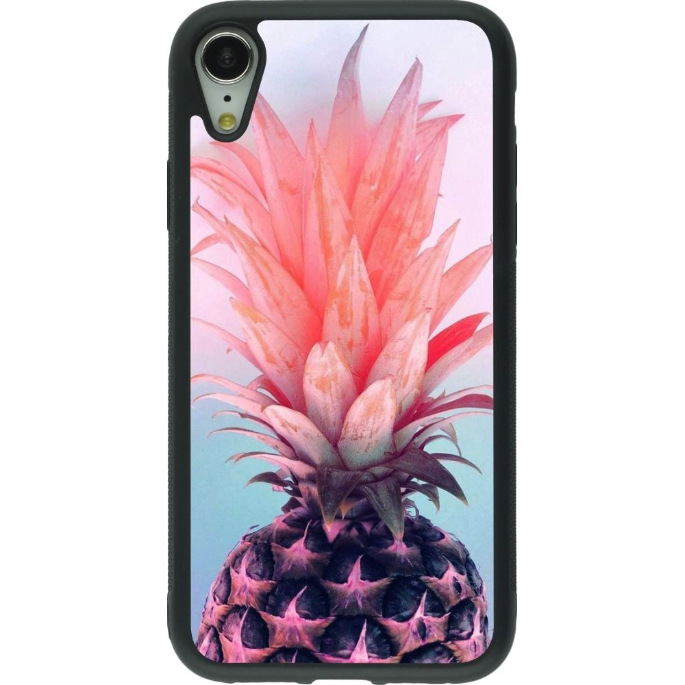 Coque iPhone XR - Silicone rigide noir Purple Pink Pineapple