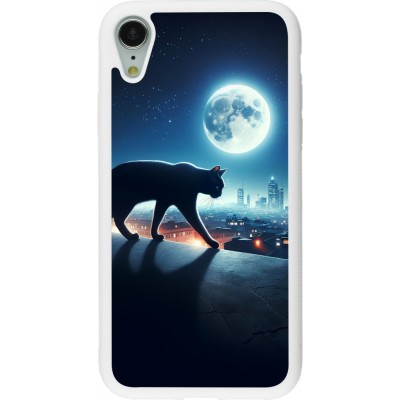 Coque iPhone XR - Silicone rigide blanc Chat noir sous la pleine lune