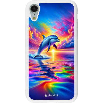 Coque iPhone XR - Silicone rigide blanc Dauphin arc-en-ciel heureux