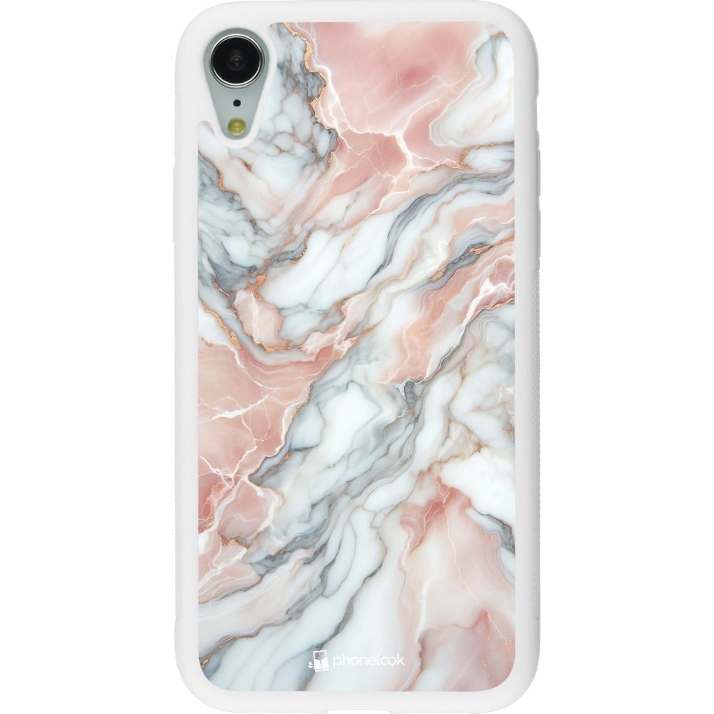 Coque iPhone XR - Silicone rigide blanc Marbre Rose Lumineux