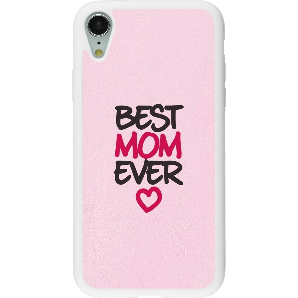 Coque iPhone XR - Silicone rigide blanc Mom 2023 best Mom ever pink