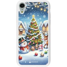 Coque iPhone XR - Silicone rigide blanc Noël 2023 bonhomme de neige et sapin