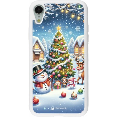 Coque iPhone XR - Silicone rigide blanc Noël 2023 bonhomme de neige et sapin