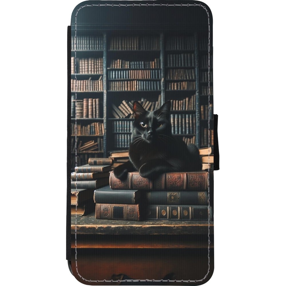 Coque iPhone XR - Wallet noir Chat livres sombres